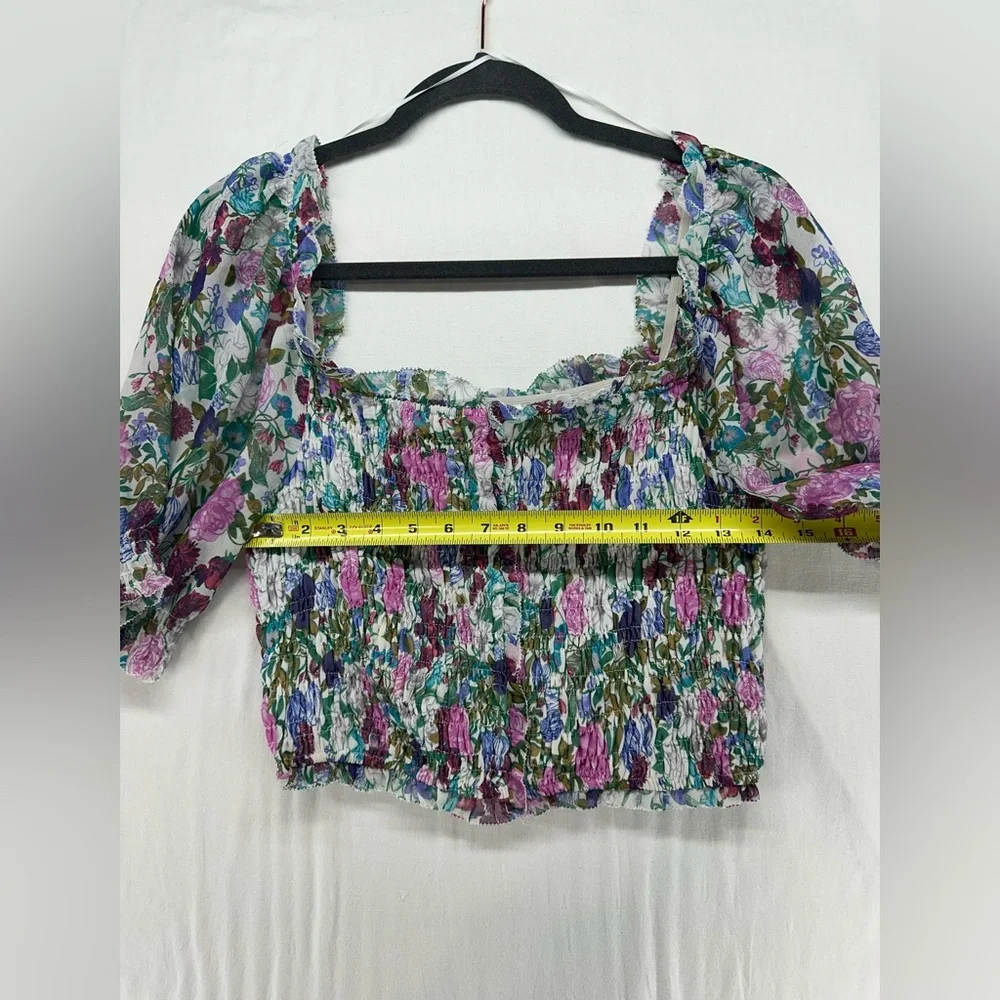 ASTR The Label Puff‎ Sleeve Cropped Top Square Neck Smocked Cottagecore Womens M